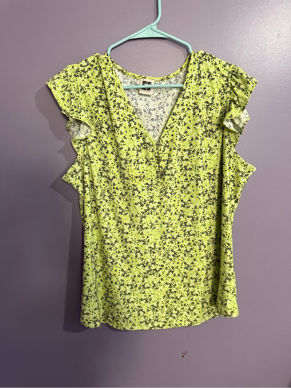 Anne Klein Yellow Floral Cap-Sleeve V-Neck Blouse